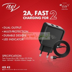 itel Original Dual Port Fast Charger Micro 8600 with Led Indicator ICE-42