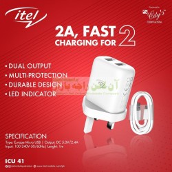 itel Original Fast Charging Dual USB Charger Micro 8600 ICU-41