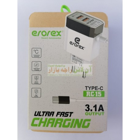 Erorex Ultra Fast Auto ID 3.1A Type C Dual USB Charger RC-15